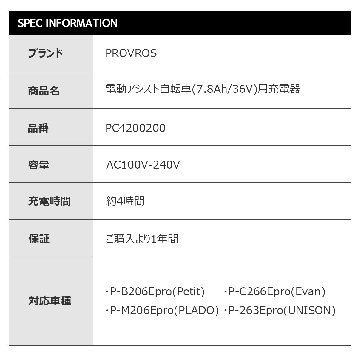 PROVROS電動アシスト自転車(7.8Ah/36V)用充電器 PC4200200