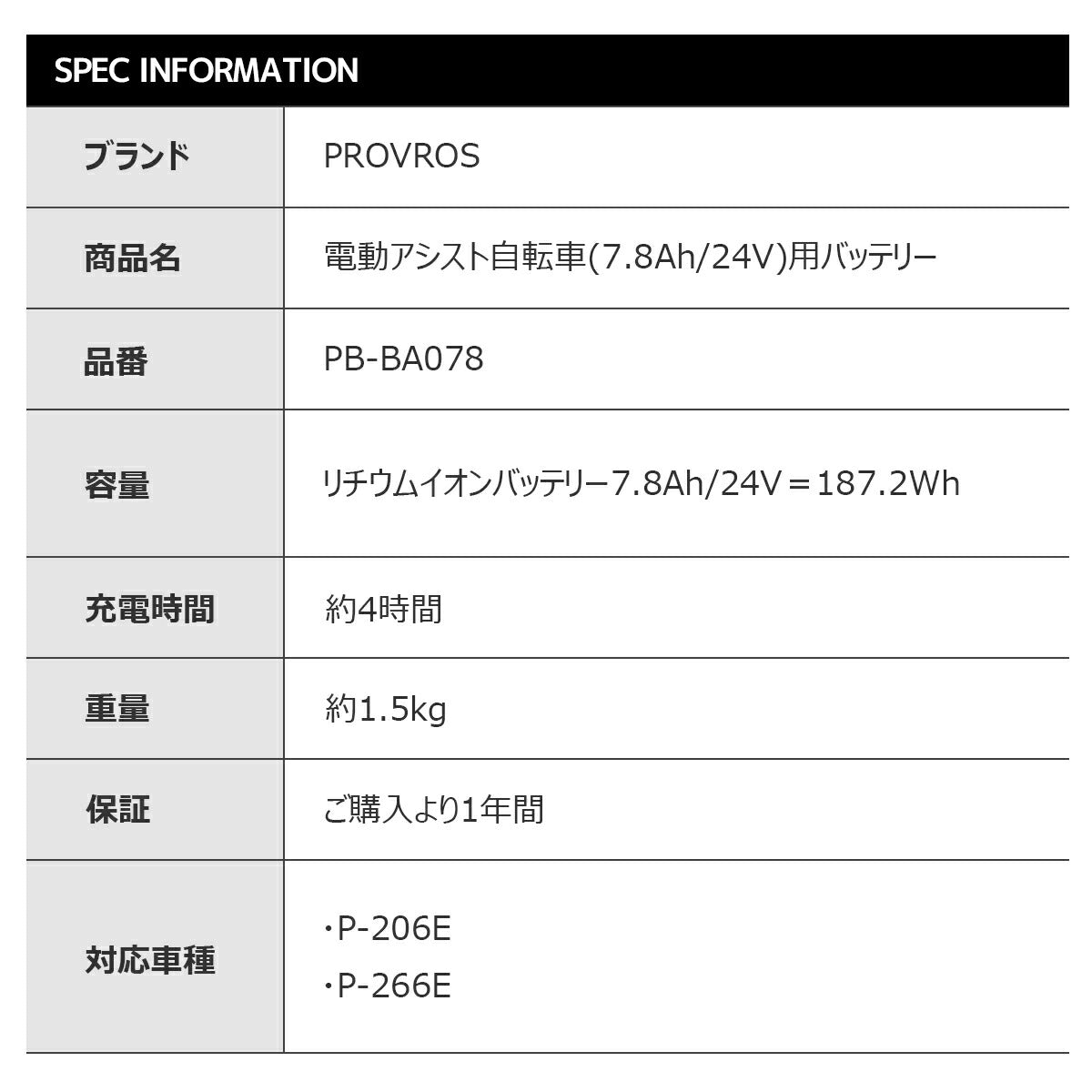 PROVROS電動アシスト自転車(7.8Ah/24V)用バッテリー PB-BA078