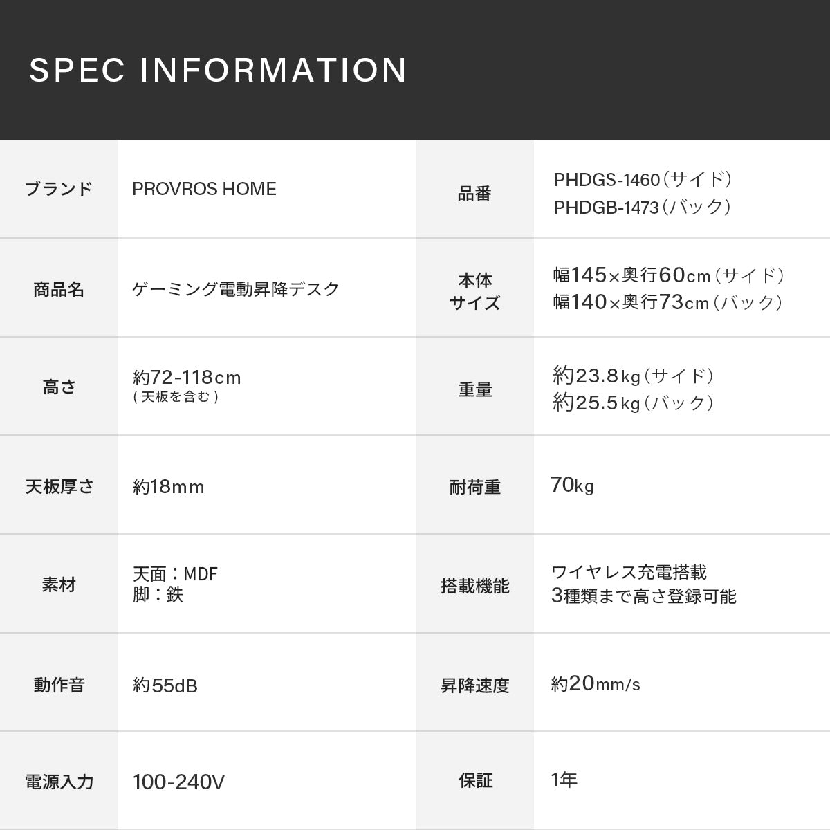 ゲーミングデスク 昇降デスク PHDGS-1460 PHDGB-1473